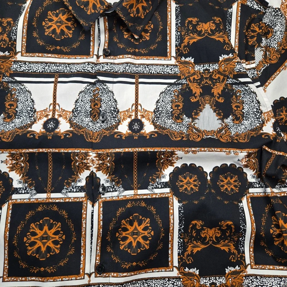 Guess Los Angeles Mens XXL Baroque Chain Print Button Down Shirt Black Gold - Picture 2 of 11